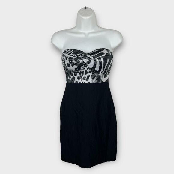 Y2K Body Central Black White Leopard print Strapless Mini Dress Size Small - Picture 1 of 8
